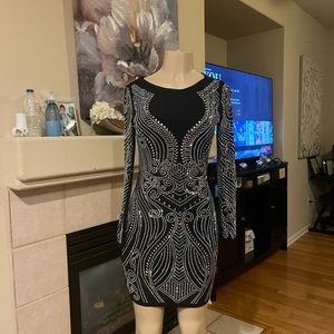 Rhinestone mesh bodycon black dress